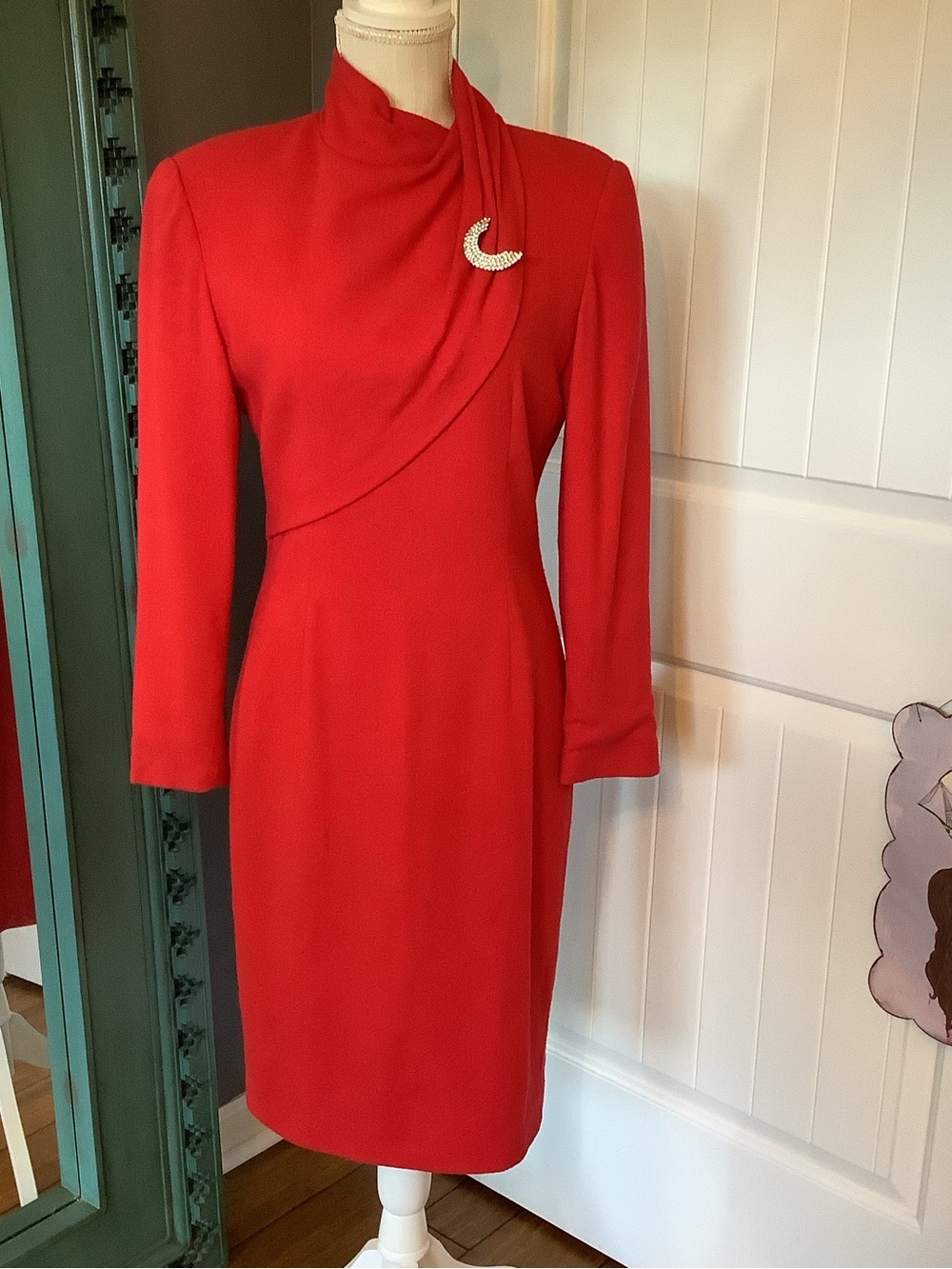 Vintage Teri Jon Vibrant Red Draped Long-Sleeve Sheath Dress with Brooch